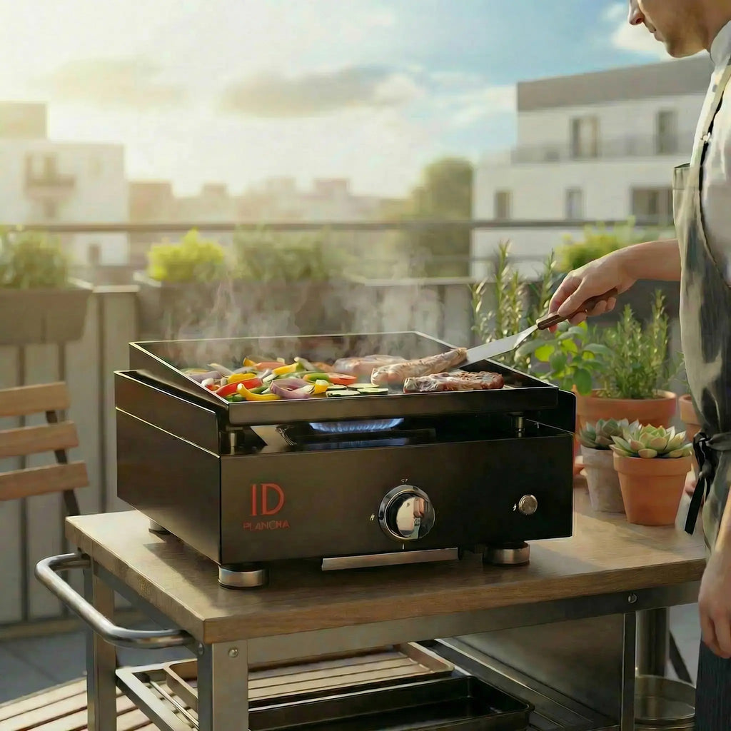 Plancha gaz 1 feu acier émaillé en cuisson