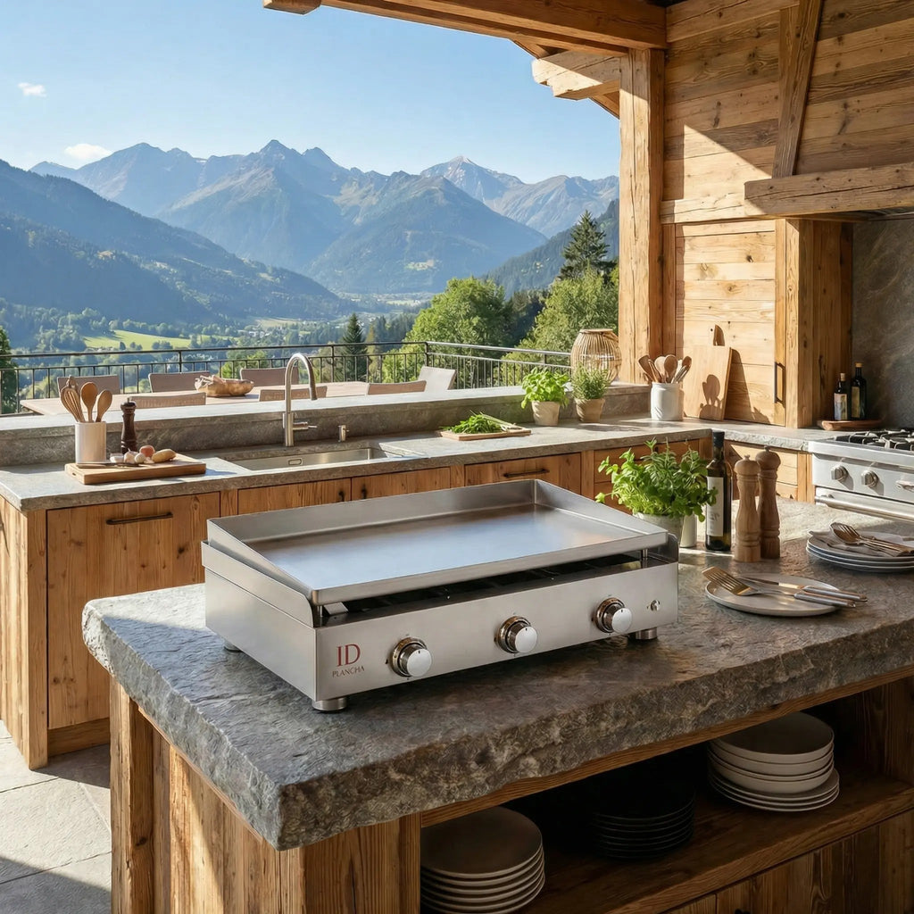 Plancha gaz inox 304 3 feux ID Plancha sur un plan de travail